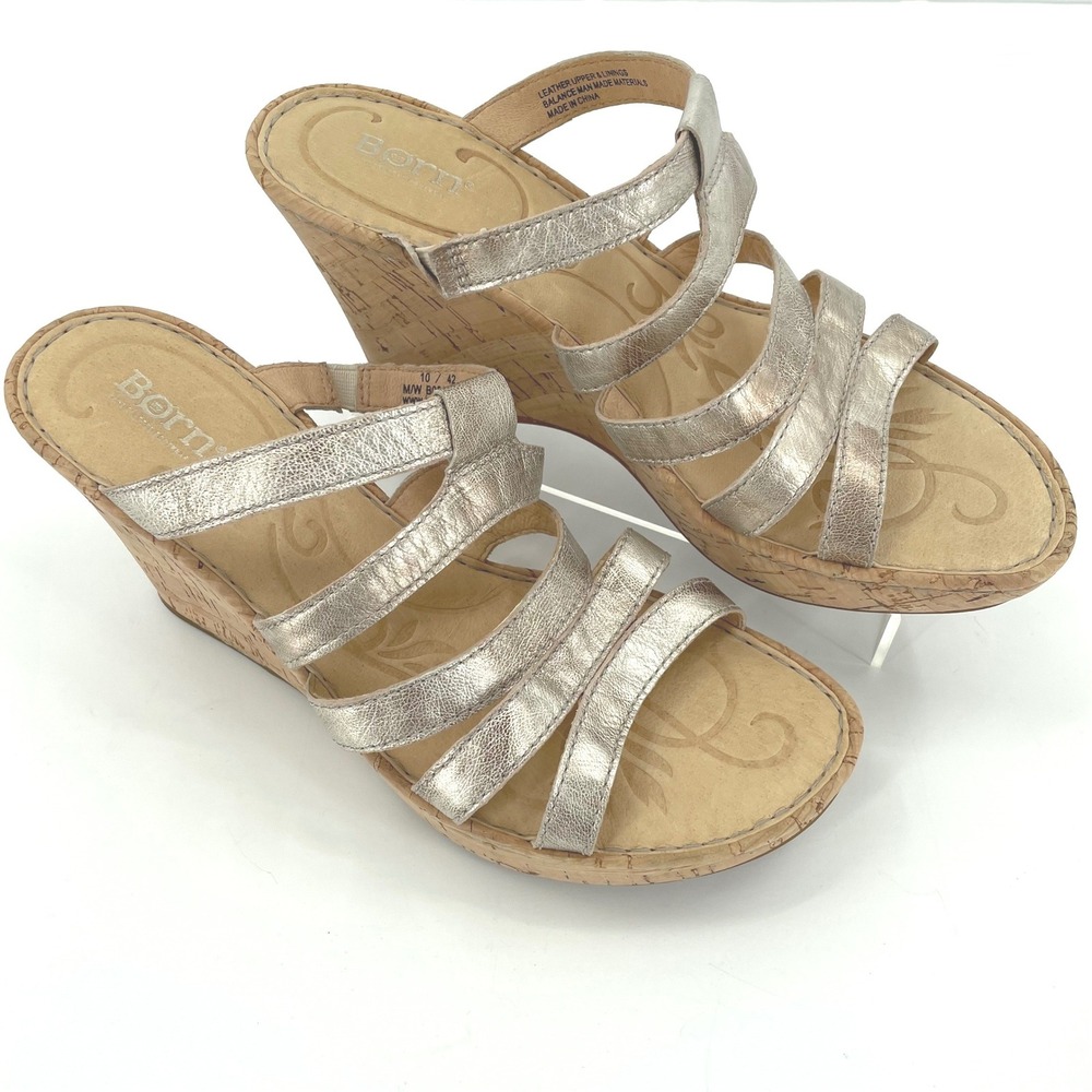 Born Womens Lisi Wedge Sandals Sz. 10M EUC Metallic Leather Strappy Cork Heel